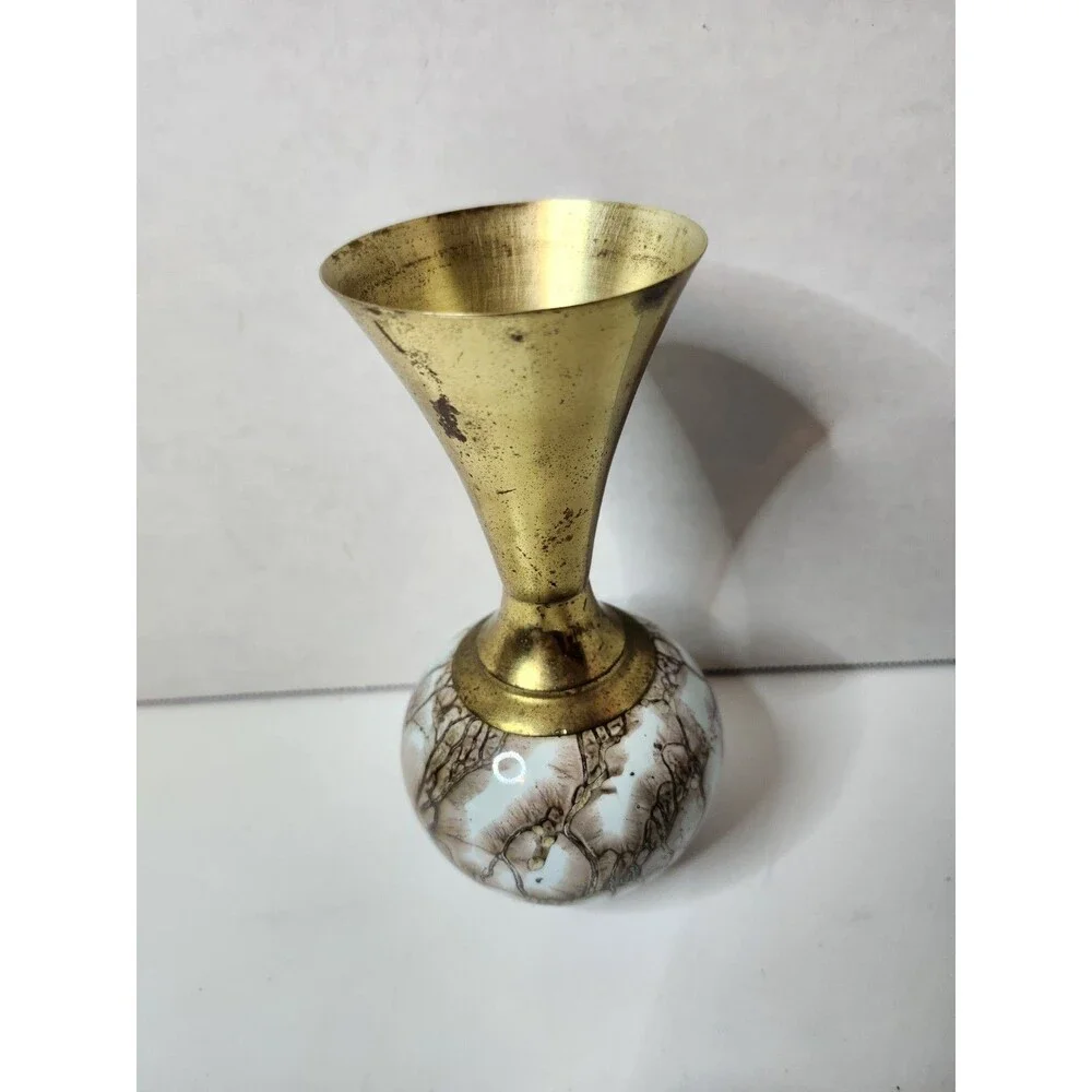 Vintage Delft Porcelain And Metal Bud Vase Measures 5.75” Tall Turquoise Marbled